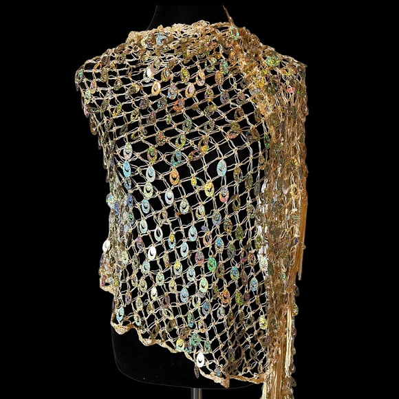 Black & Gold Full Sequin Evening Shawl Scarf - Picture 3 of 14